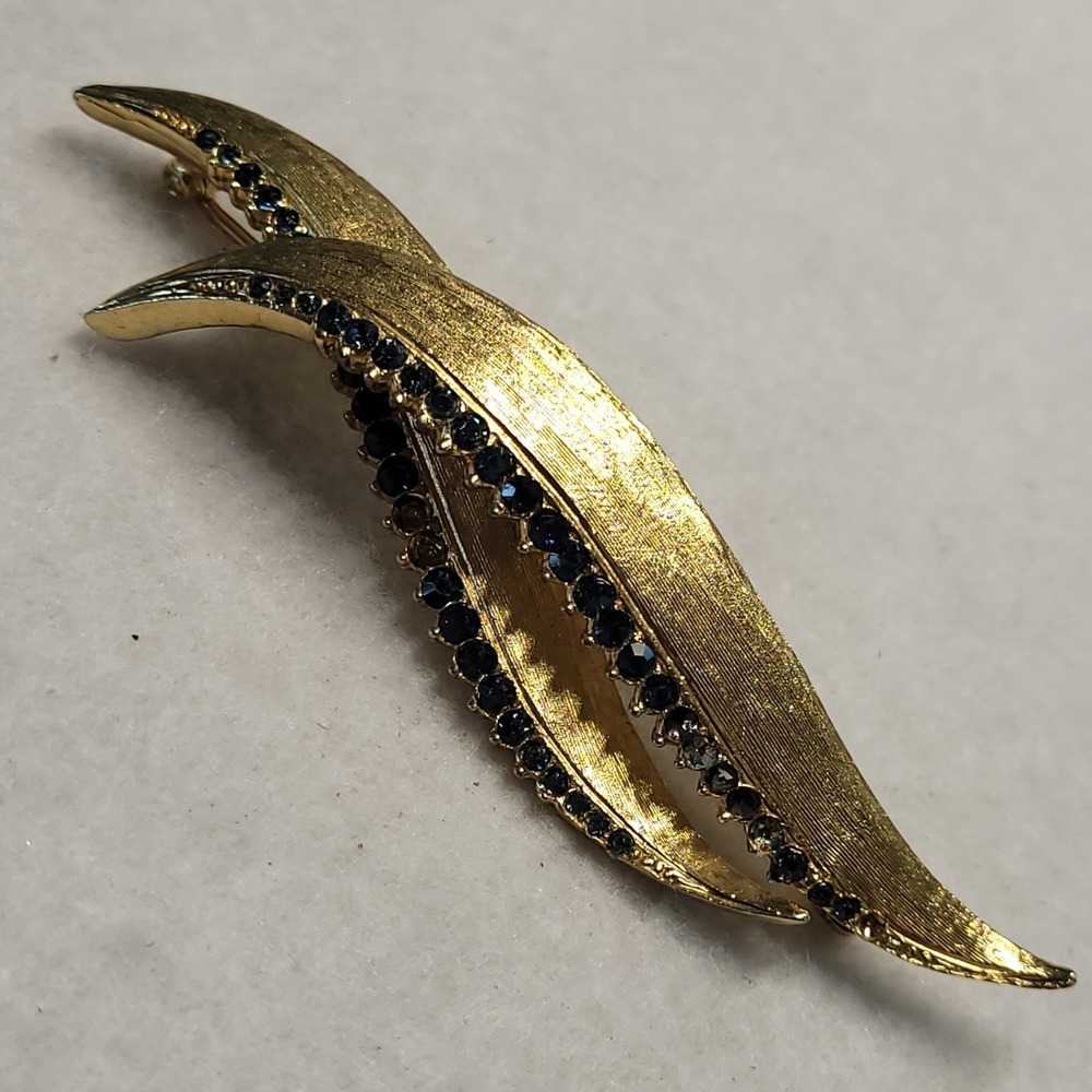 Vintage Marcel Boucher Blue Rhinestone Double Leaf Brooch Gold Tone Signed
